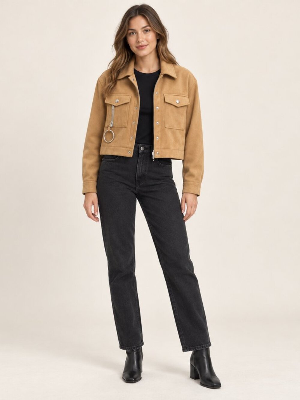 EGGIE Camel Faux Suede Cropped Utility Jacket XS 0855